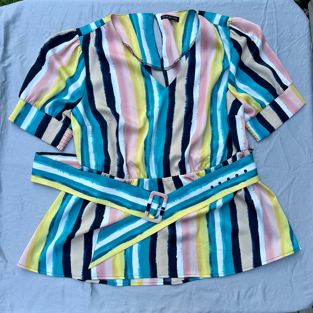 Lane Bryant Striped Belted Peplum Top Puff Sleeve Size 16